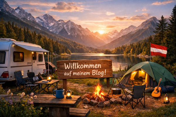 Campingplatz in den Bergen mit Wohnwagen, Zelt und Lagerfeuer bei Sonnenuntergang.